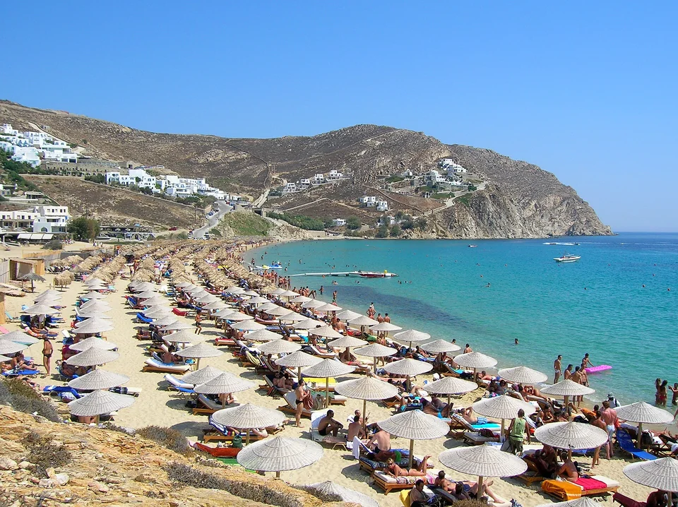 Sunbeds and the coastline at Elia Beach in an archival photograph from August 2007