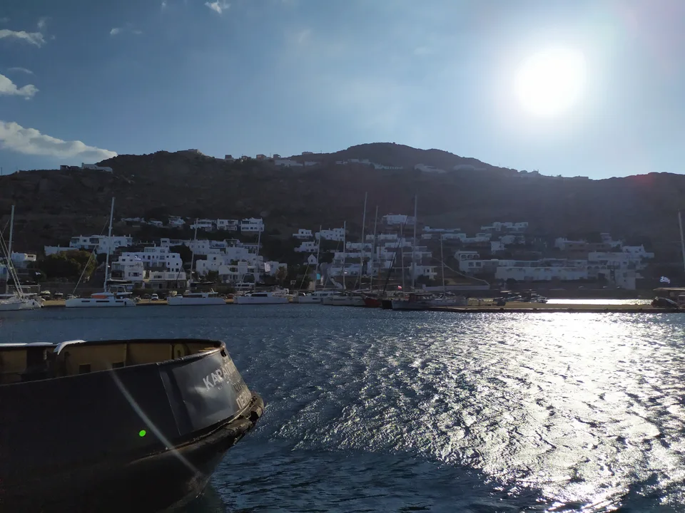 Boats and waterfront buildings at Tourlos, Mykonos, in September 2021